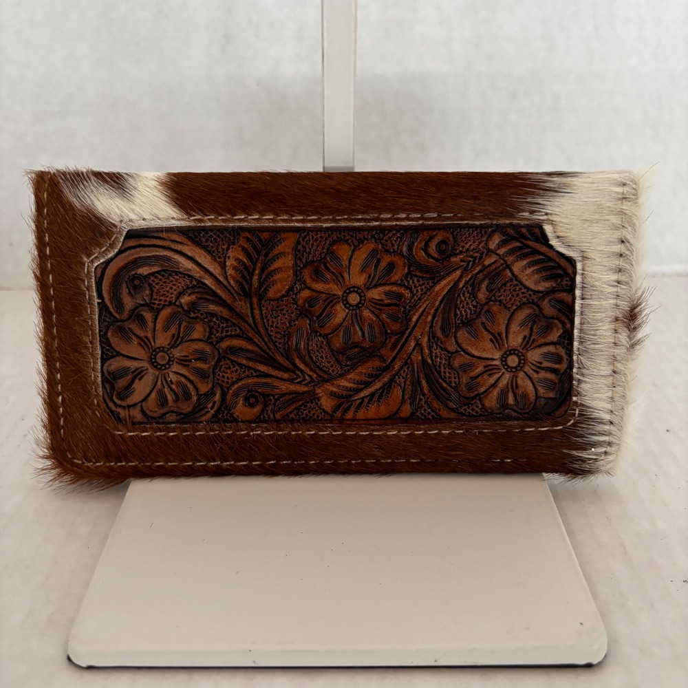 Tooled Leather‎ Wallet Women Brown Cowhide Floral Hair On Hide Snap
New